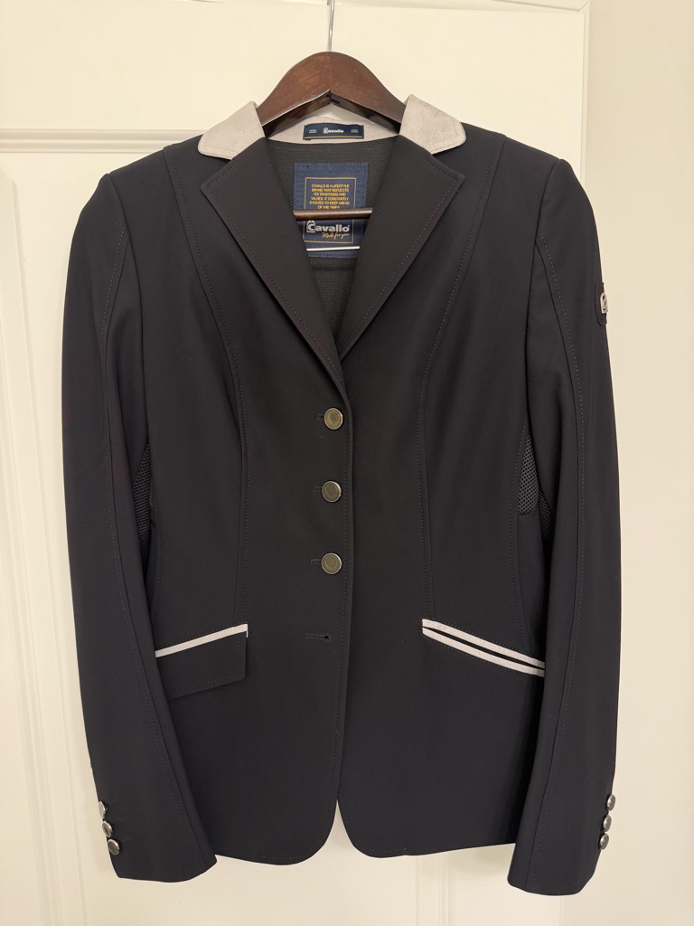 Cavallo Nwot Show Jacket. Black With Suede Grey Collar, Pocket, And Tails.